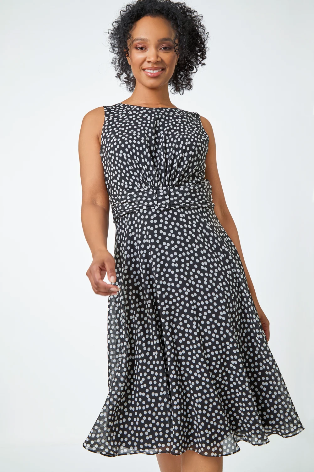 Black Petite Sleeveless Polka Dot Buckle Dress
