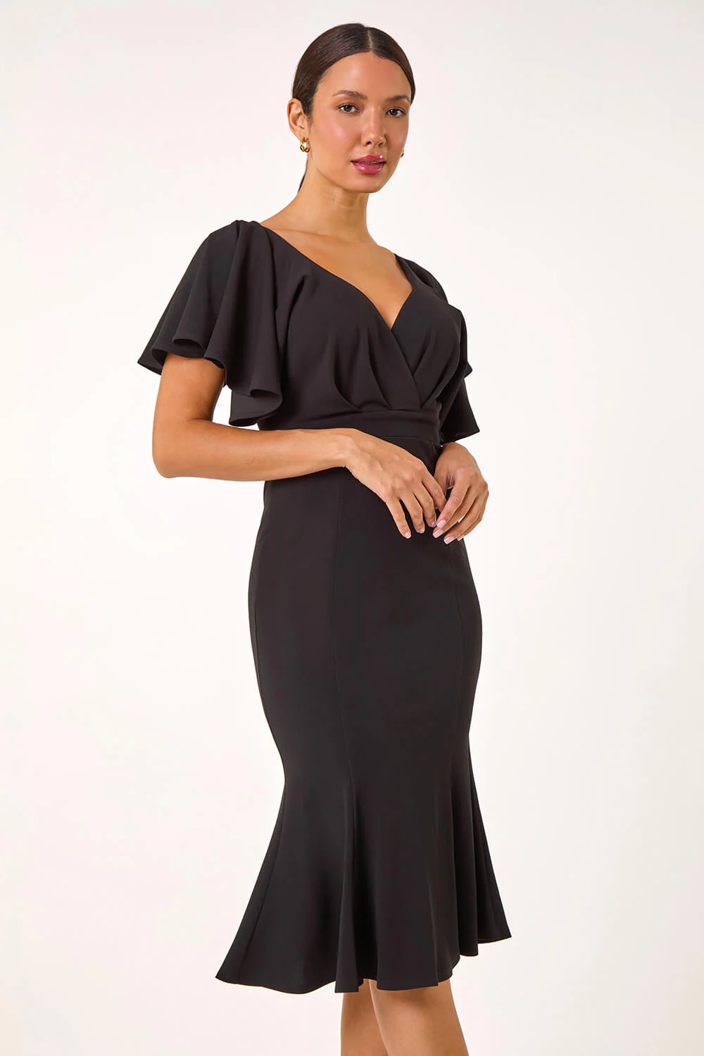 Black Flared Sleeve Front Wrap Stretch Dress