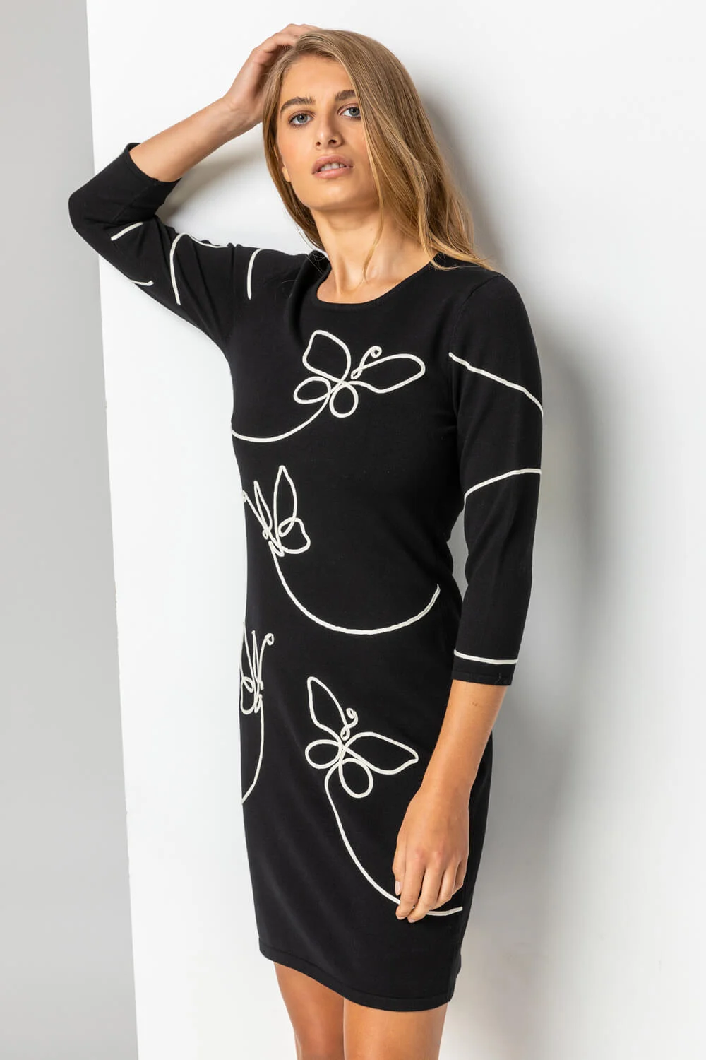 Black Butterfly Embellished Knitted Shift Dress