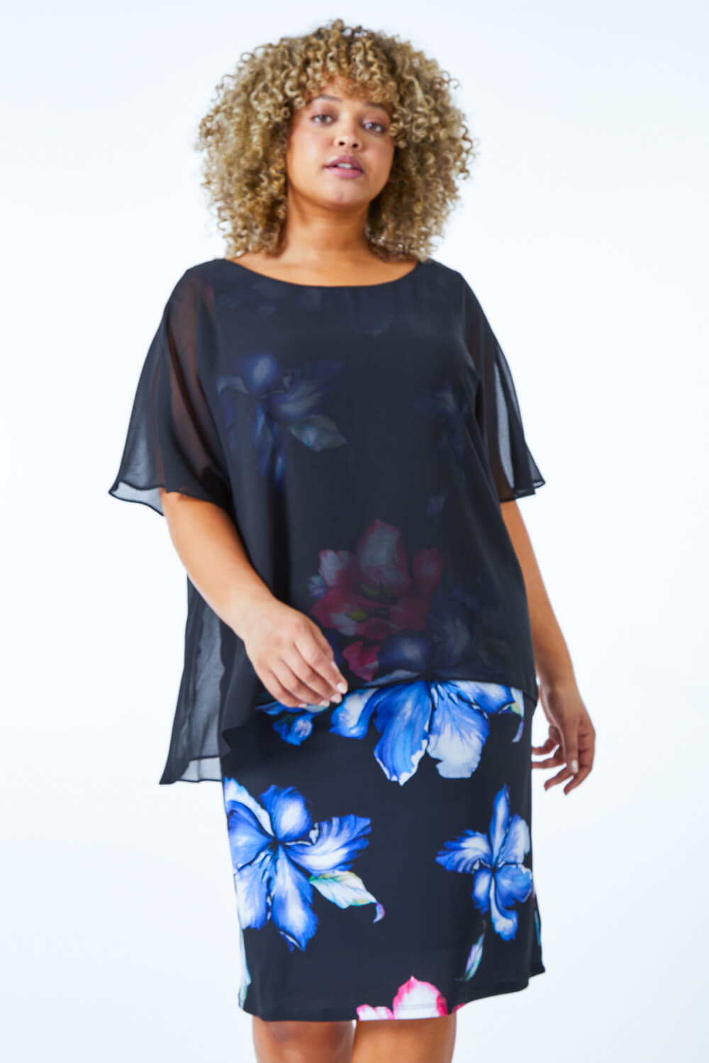 Black Curve Chiffon Overlay Floral Dress
