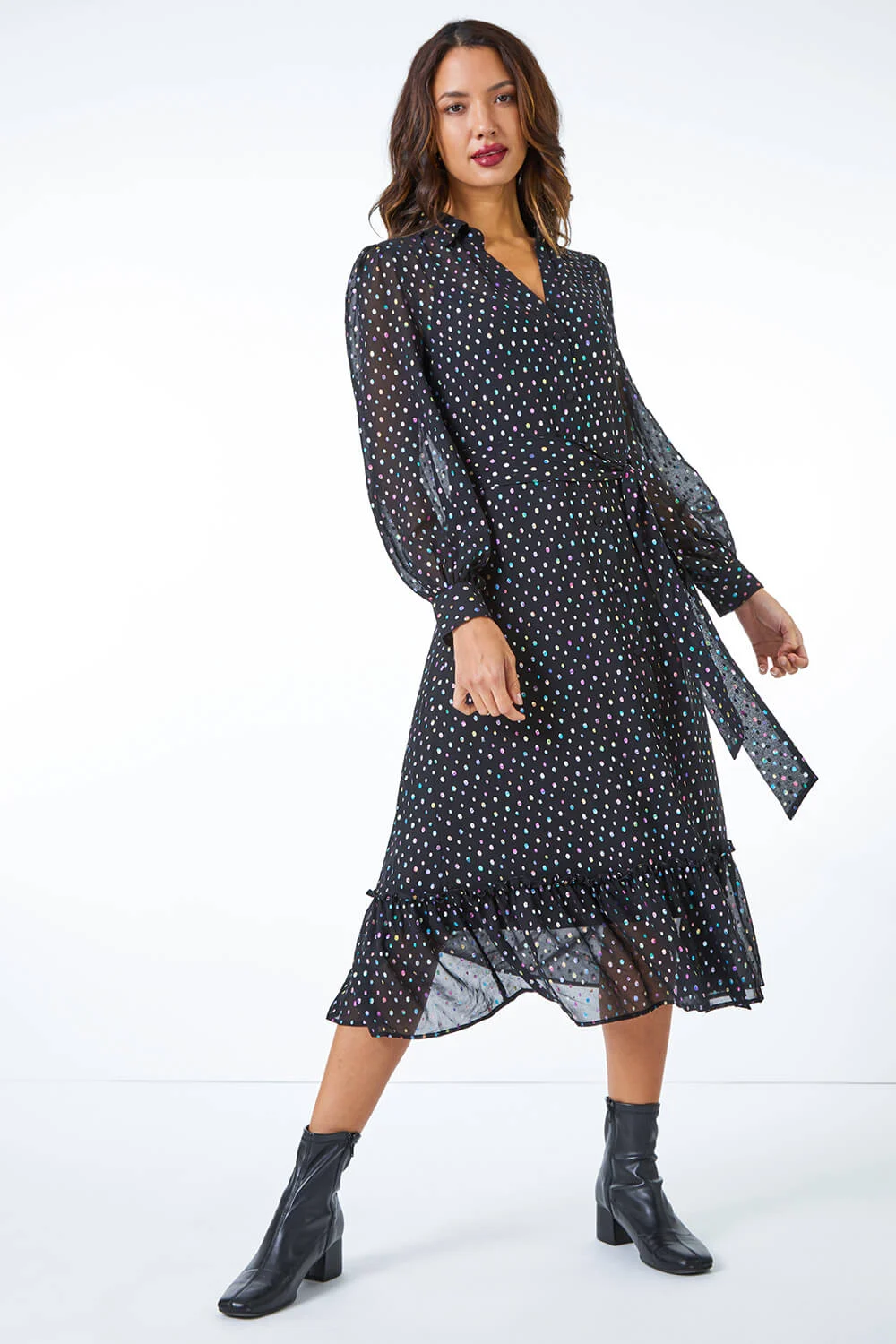 Black Metallic Spot Midi Shirt Dress