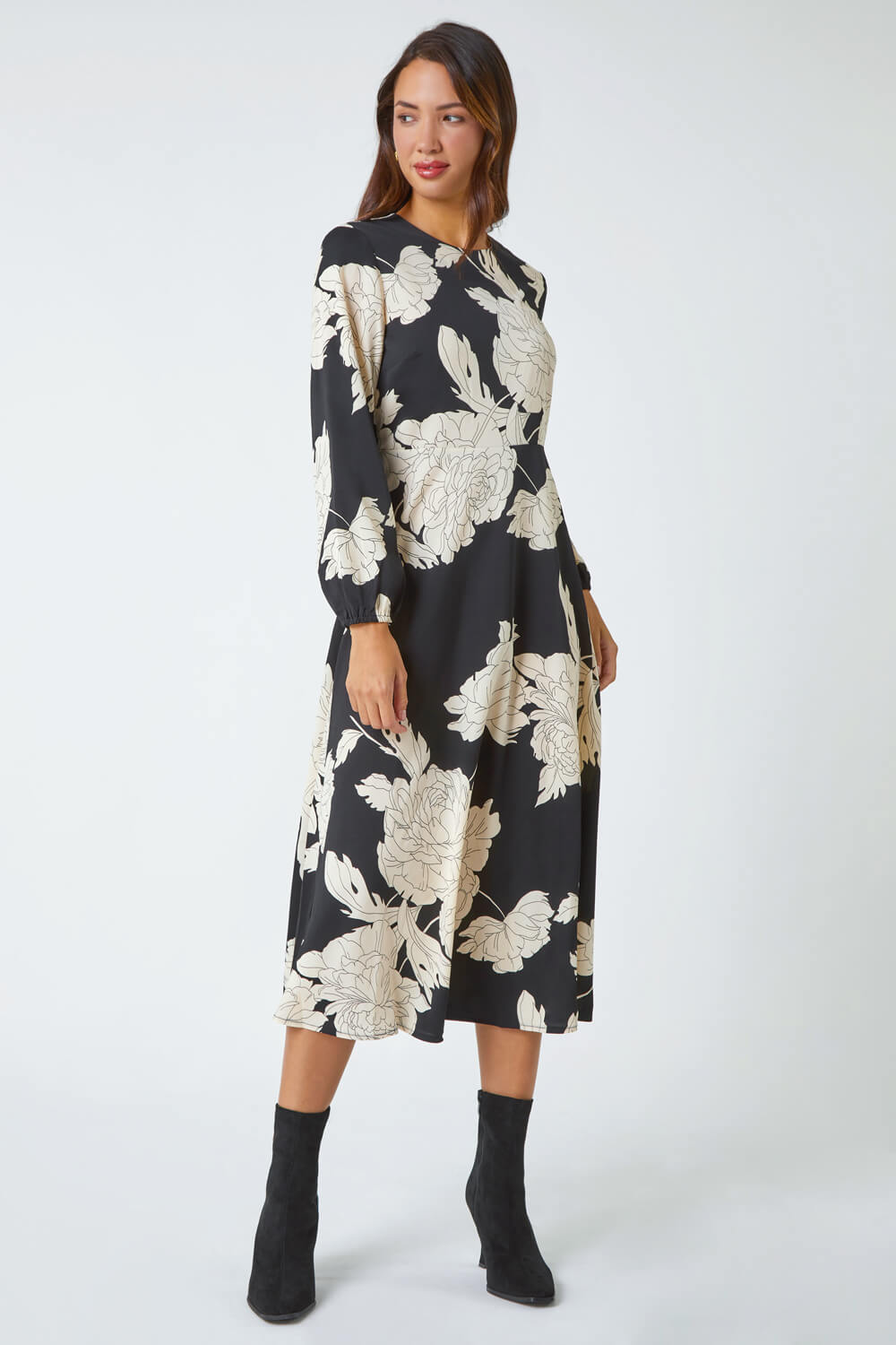 Black Floral Contrast Print Midi Dress