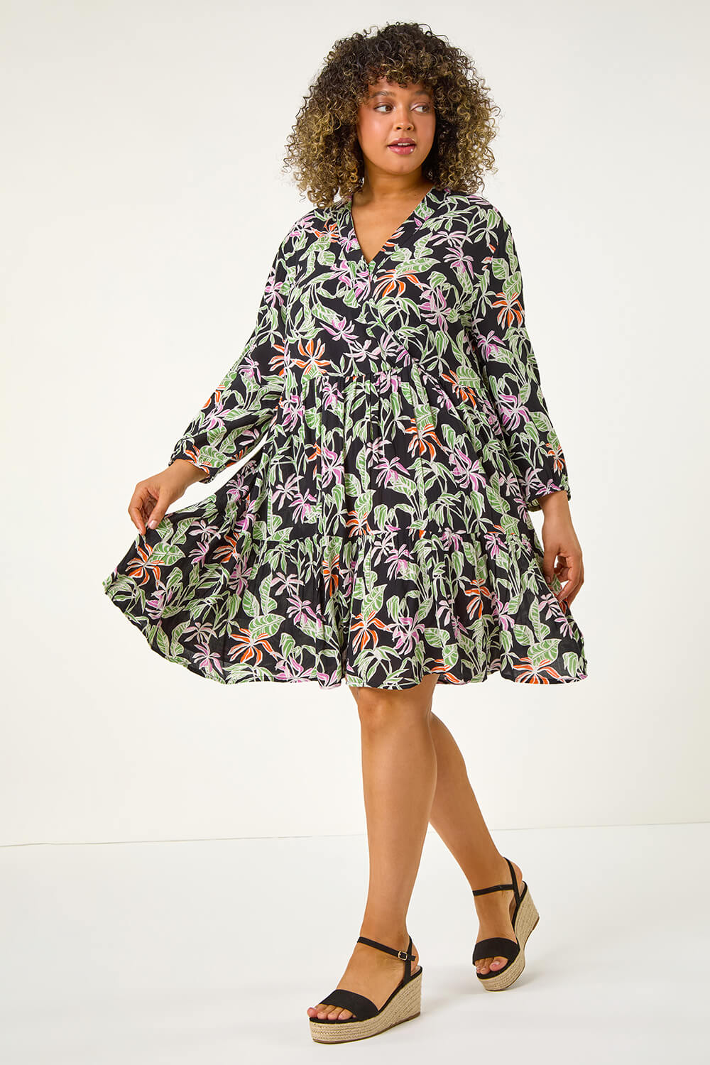Black Curve Tropical Leaf Print Wrap Dress