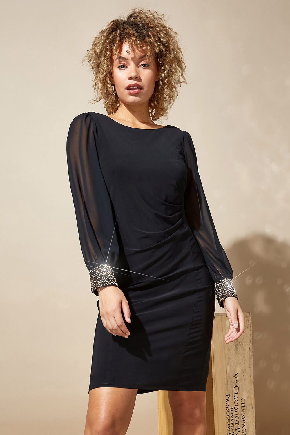 Black Embellished Cuff Evening Dress