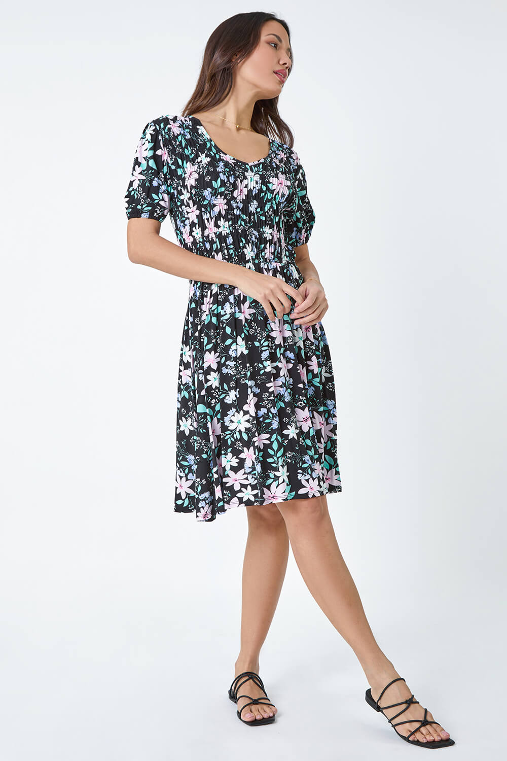 Black Floral Print Shirred Stretch Dress