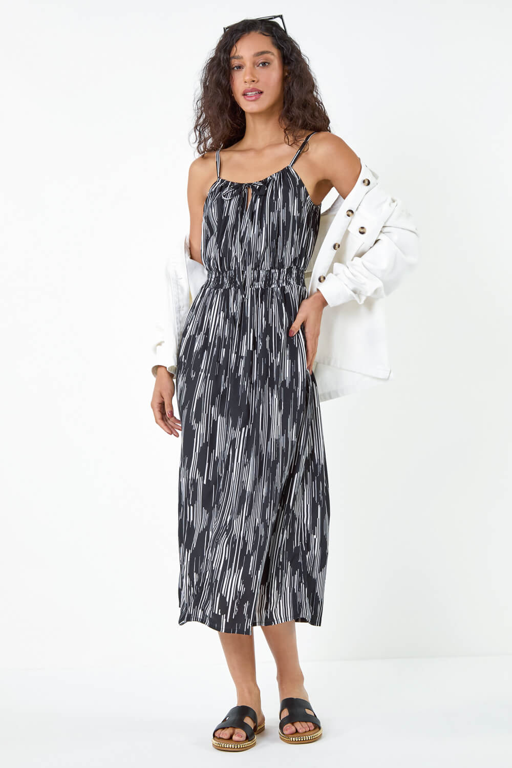 Black Abstract Print Shirred Midi Dress