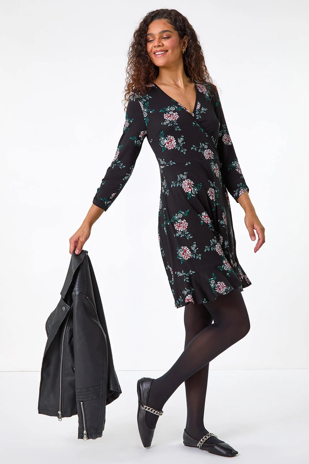 Black Floral Print Wrap Front Stretch Dress