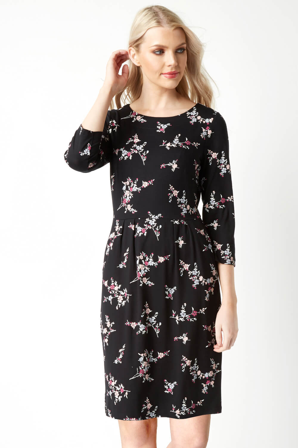 Black Floral Pleated Waist Dress