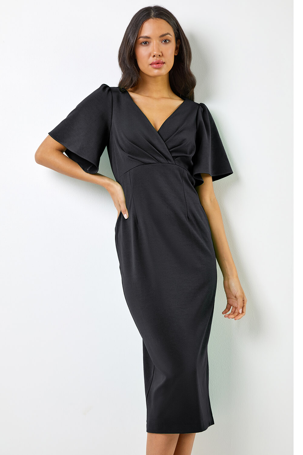 Black Gathered Wrap Front Midi Dress