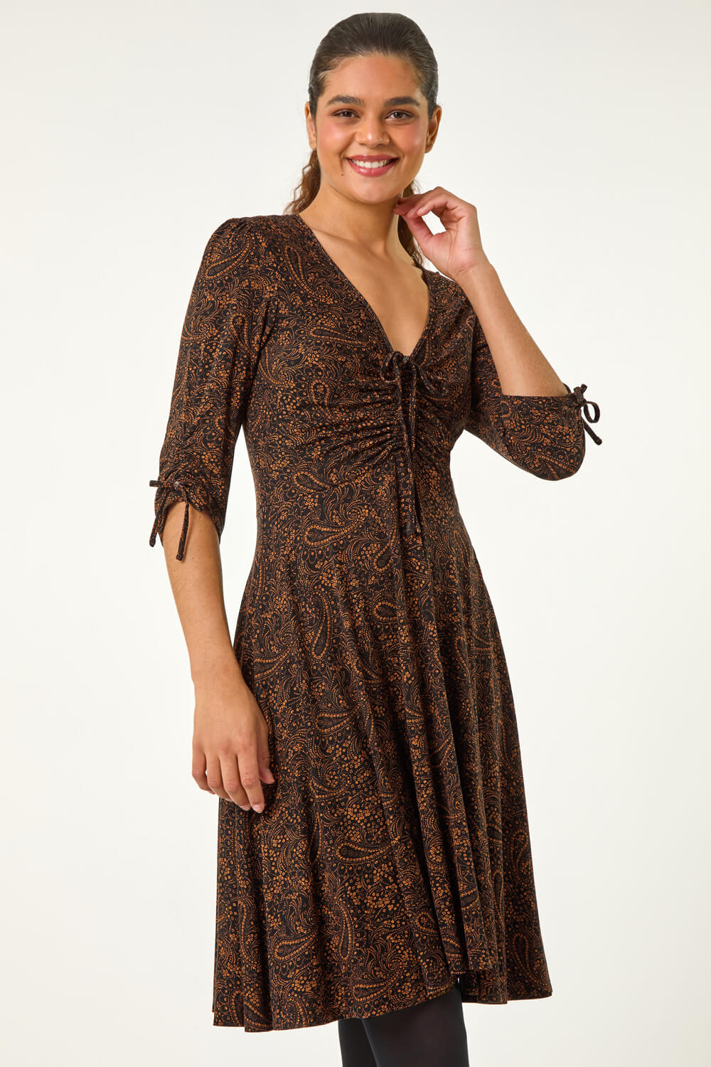 Amber Ditsy Paisley Print Stretch Gathered Dress
