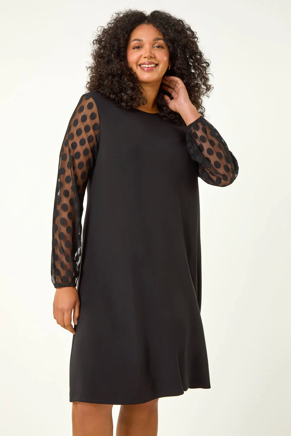 Black Curve Spot Stretch Mesh Swing Dress