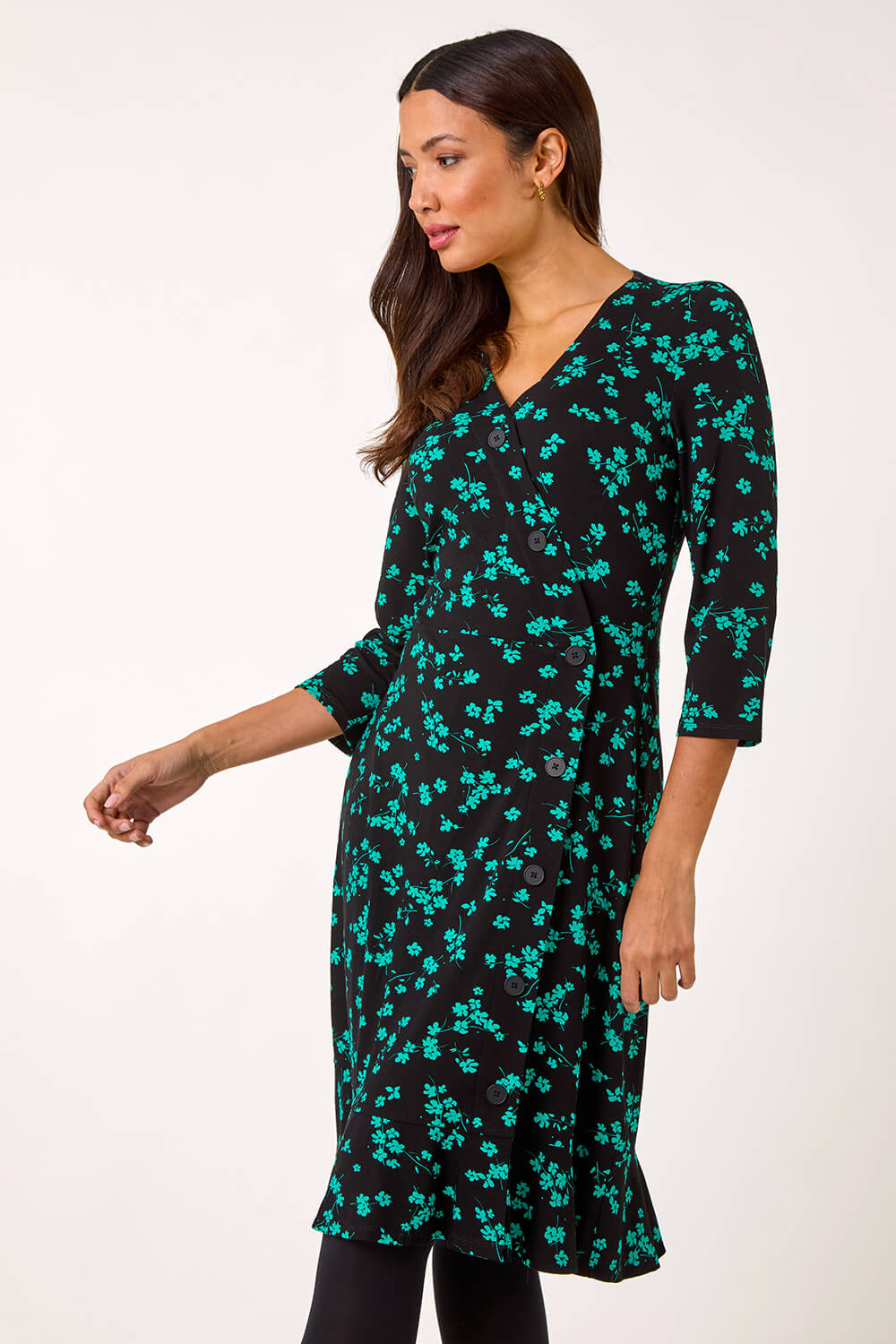 Black Floral Side Button Dress