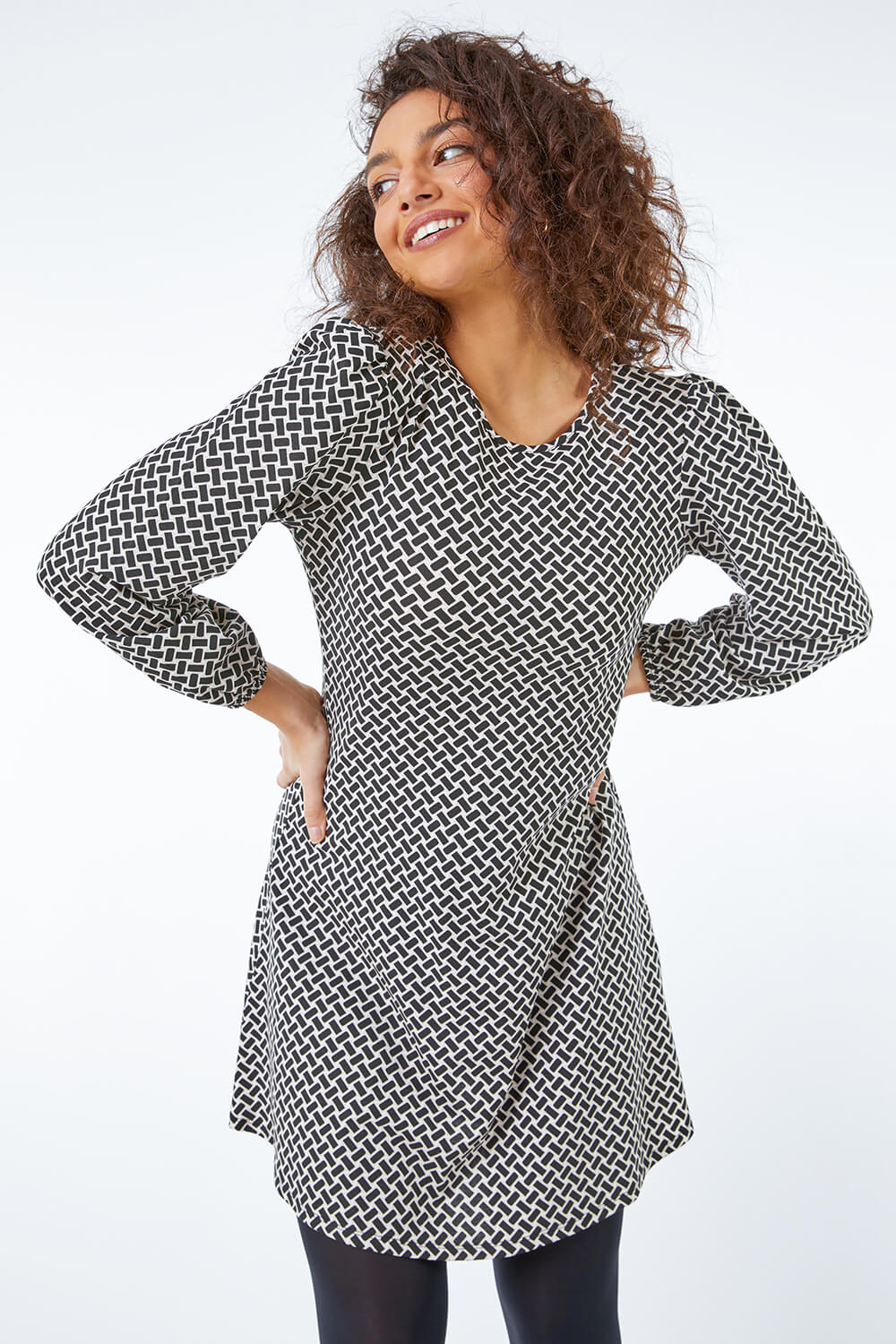 Black Petite Geometric Swing Dress