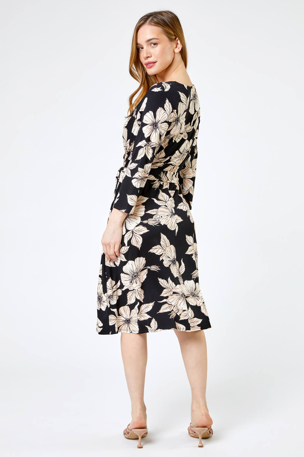 Black Petite Floral Print Belted Wrap Skater Dress