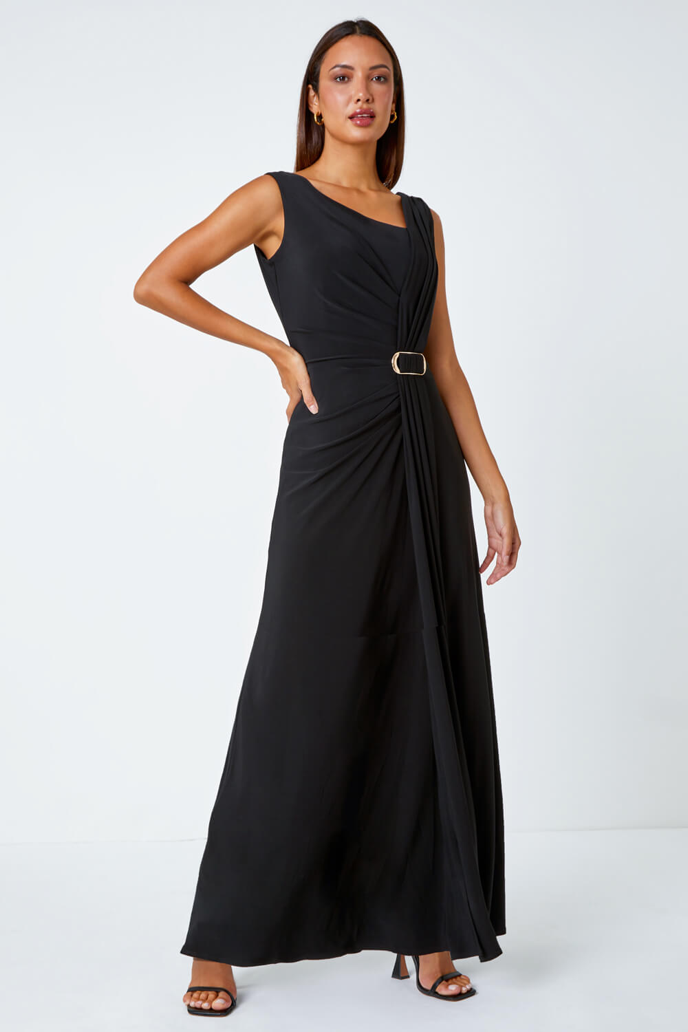 Black Draped Buckle Detail Maxi Dress