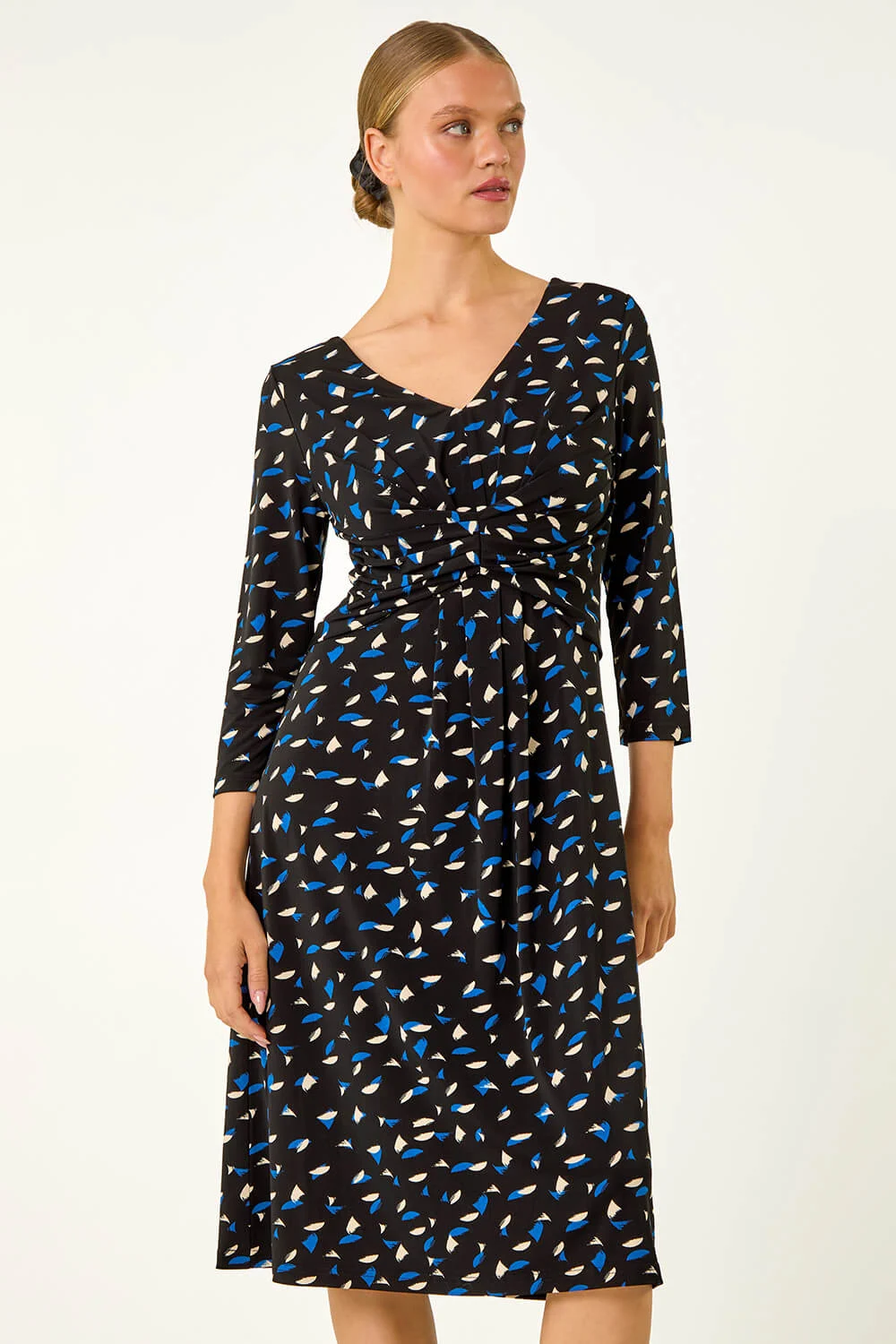 Black Geo Print Stretch Midi Dress