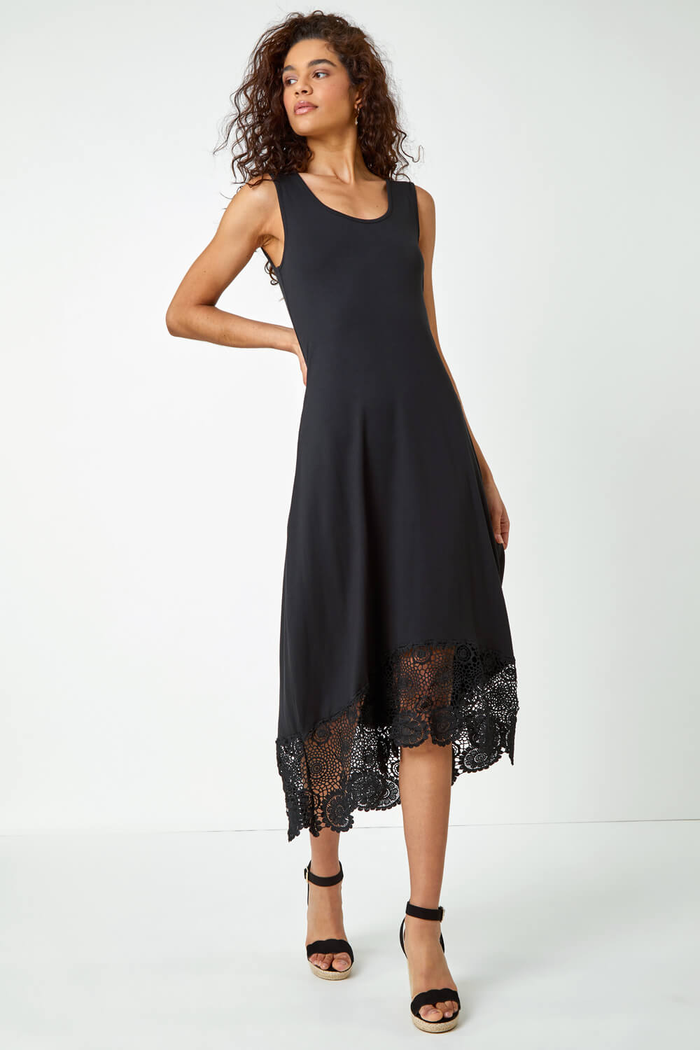 Black Crochet Hem Stretch Midi Dress