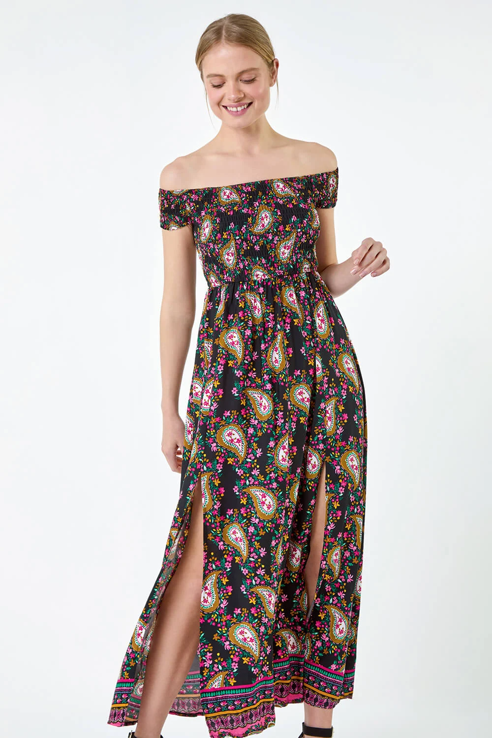 Black Paisley Shirred Bardot Maxi Dress