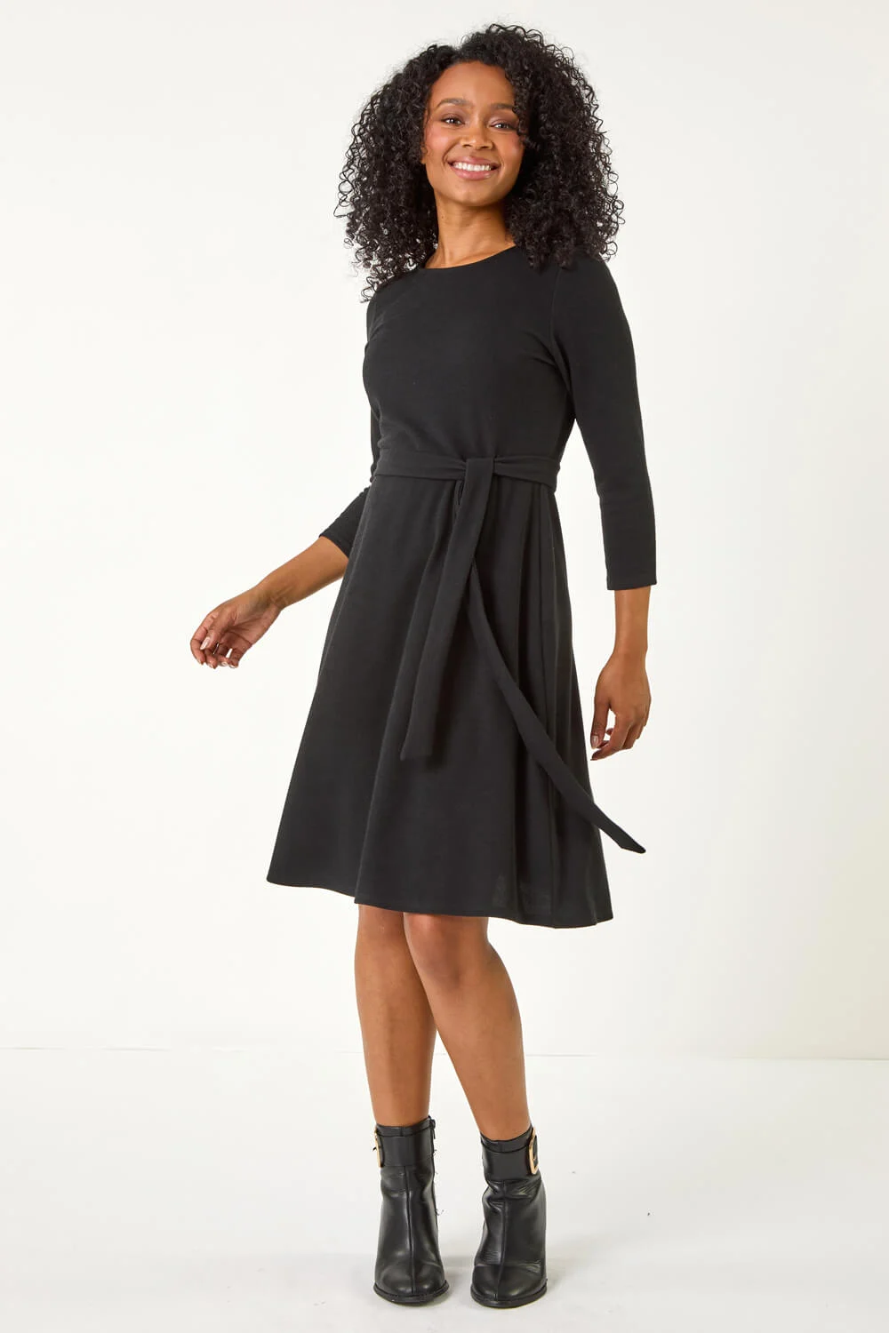 Black Petite Ribbed Tie Waist Detail Dress