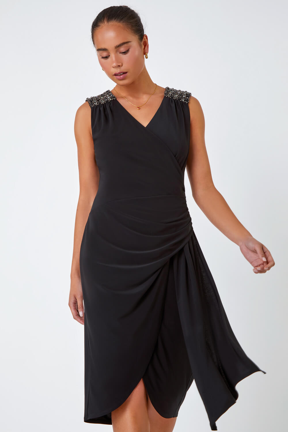 Black Petite Embellished Ruched Stretch Dress