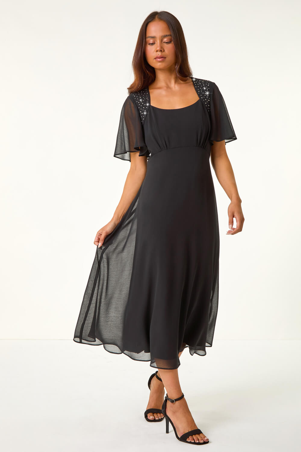 Black Petite Hotfix Detail Midi Dress
