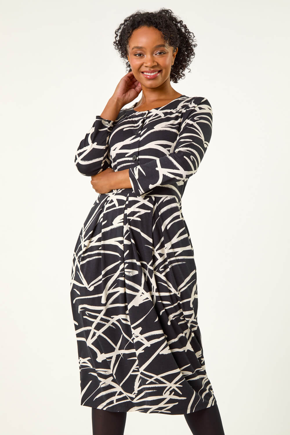 Black Petite Linear Print Button Stretch Midi Dress