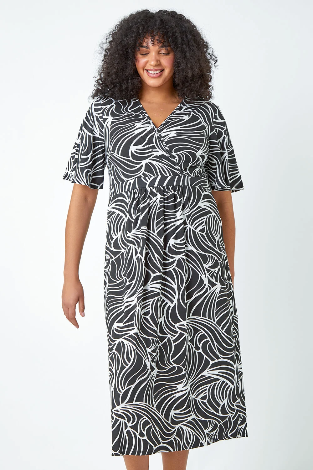 Black Curve Linear Print Midi Wrap Dress