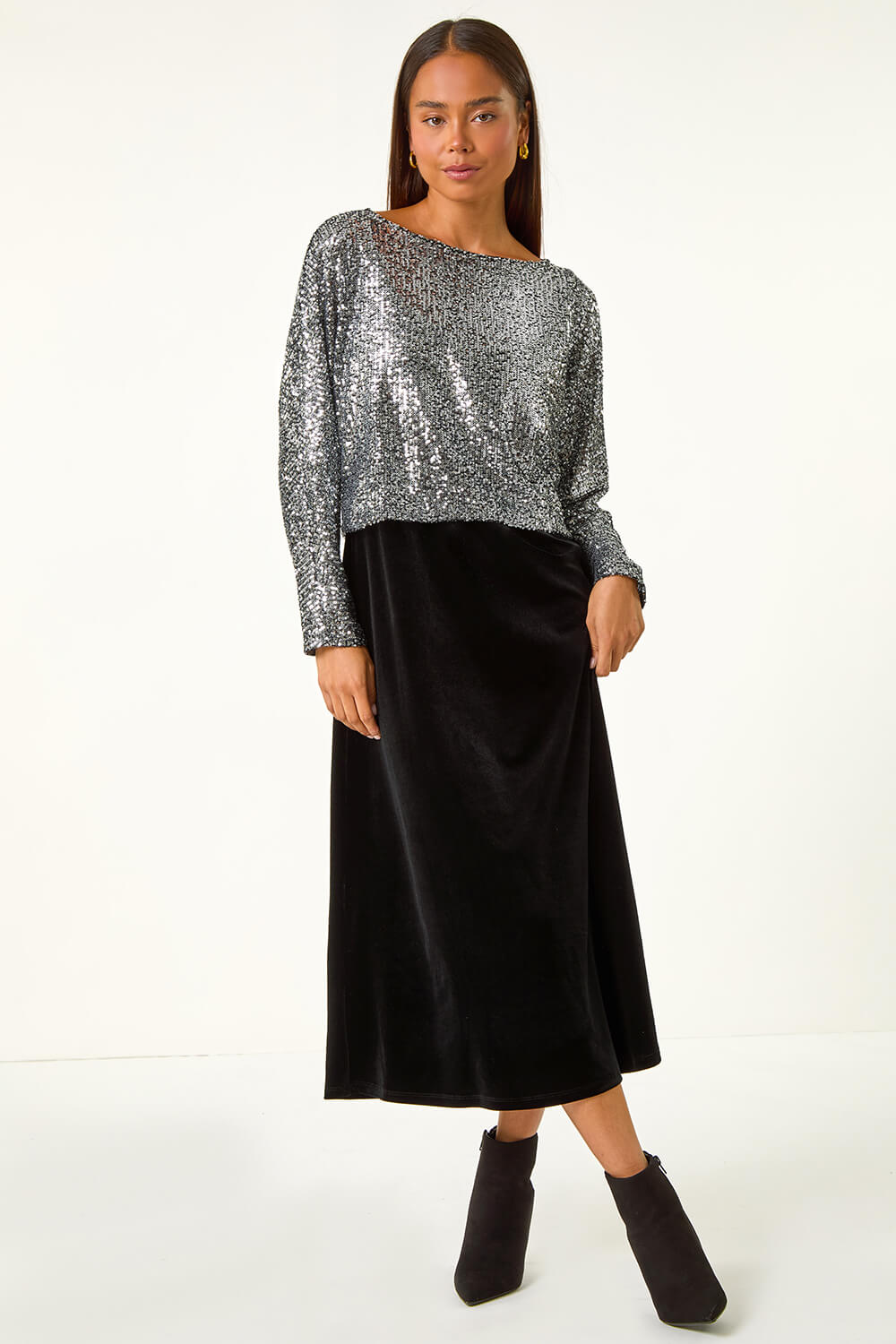 Black Petite Constrast Sequin Velvet Dress