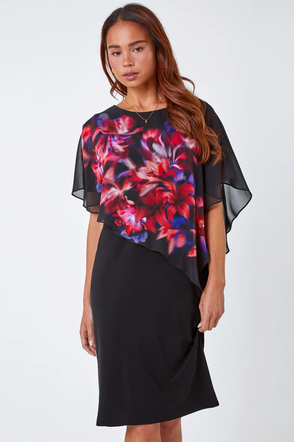 Black Petite Floral Chiffon Overlay Asymmetric Dress