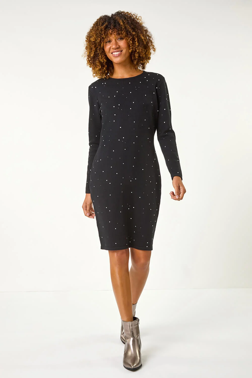 Black Hotfix Embellished Knitted Dress