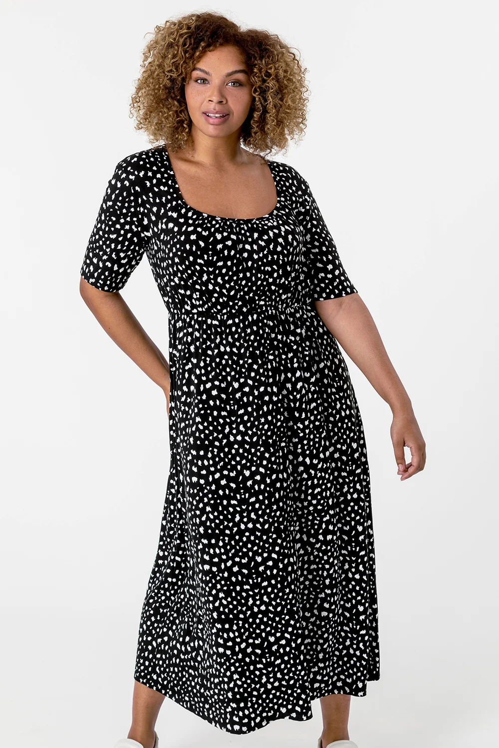 Black Curve Ditsy Spot Print Midi Dress