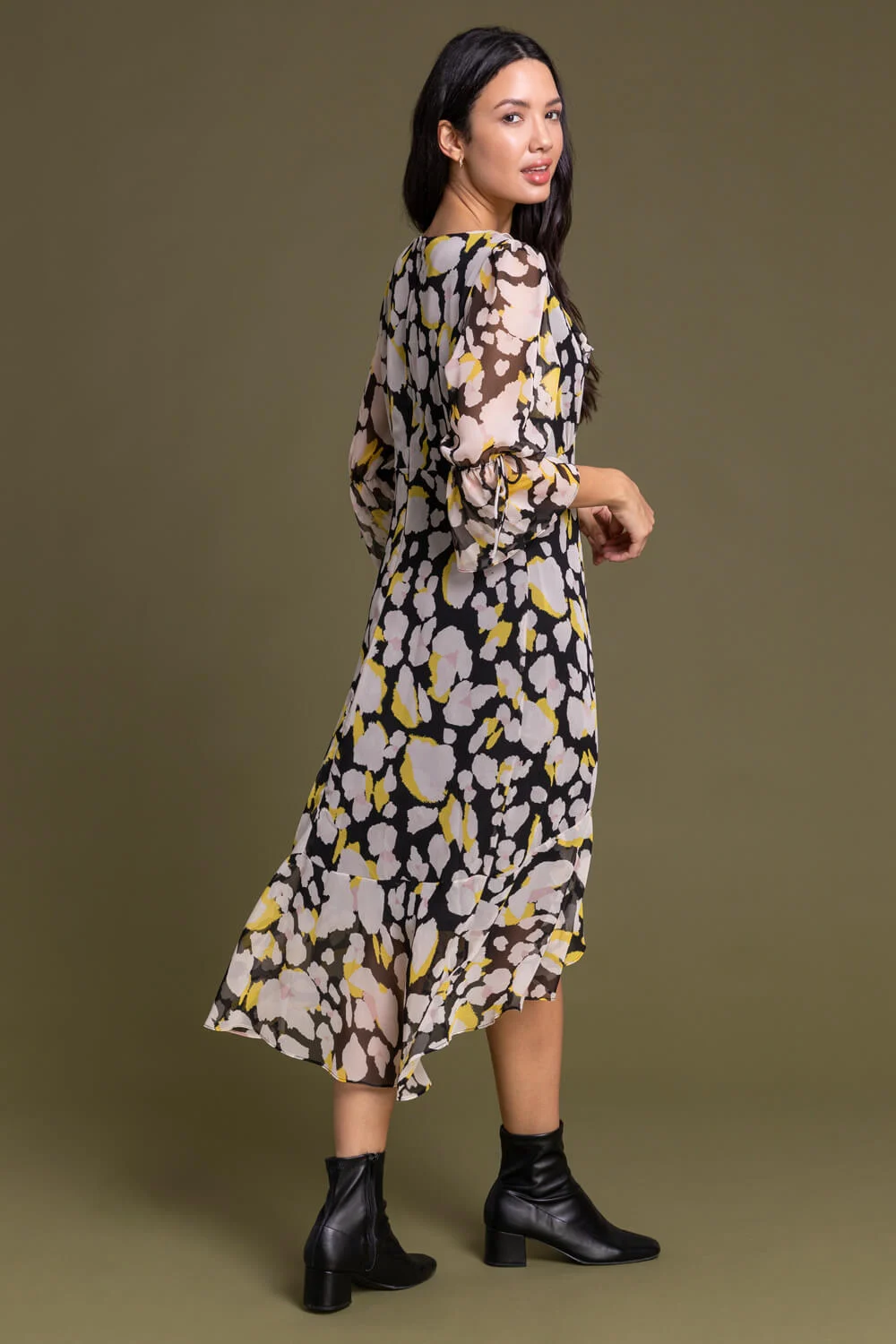 Yellow Floral Frill Detail Midi Dress