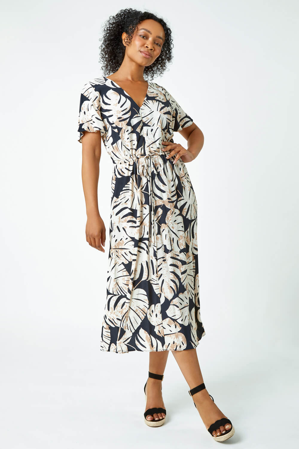 Black Petite Leaf Print Tie Waist Maxi Dress