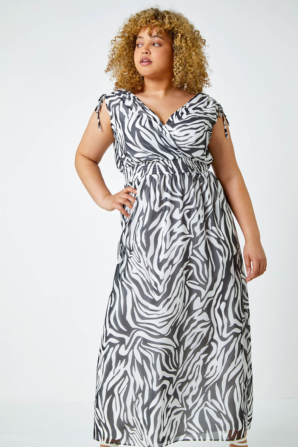 Black Curve Zebra Print Shirred Chiffon Maxi Dress