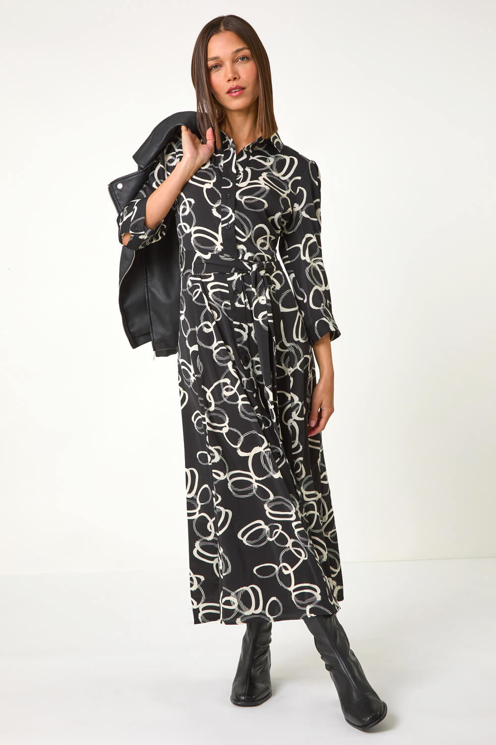 Black Abstract Circle Print Midi Shirt Dress