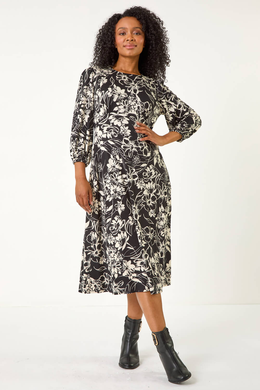 Black Petite Floral Stretch Midi Dress