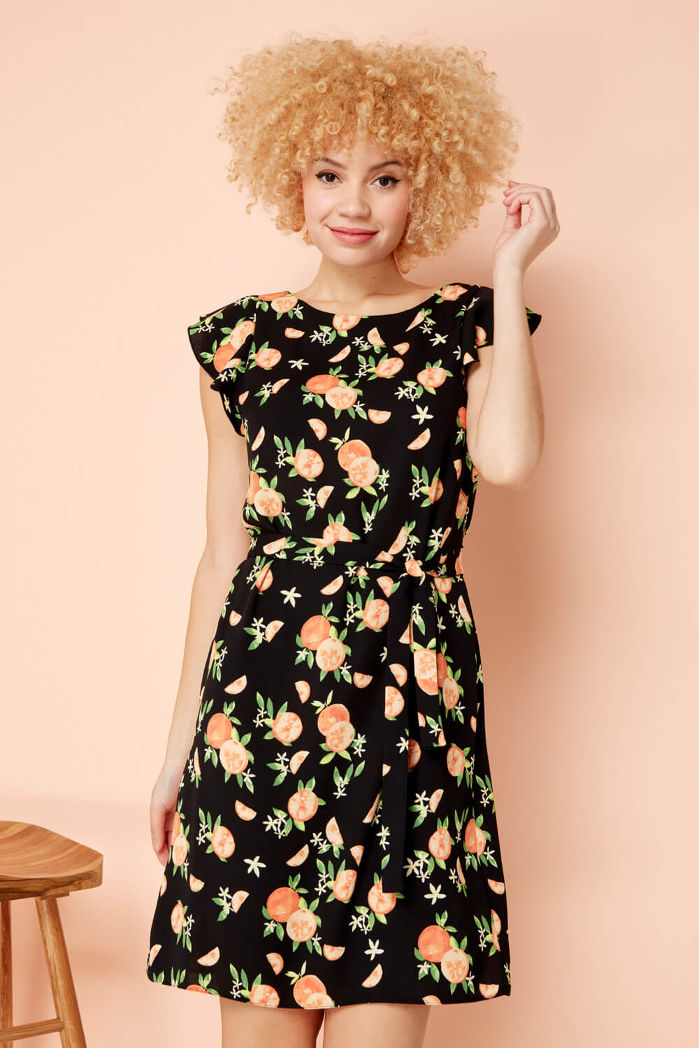Black Orange Print Frill Sleeve Shift Dress