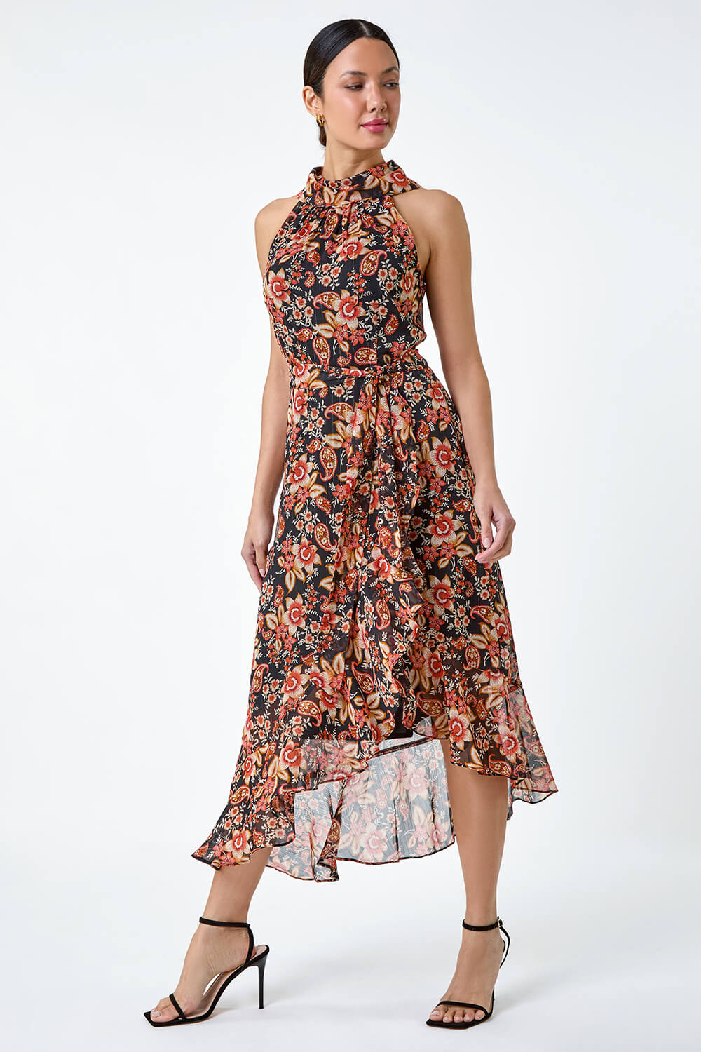 Black Metallic Foil Floral Halter Neck Midi Dress