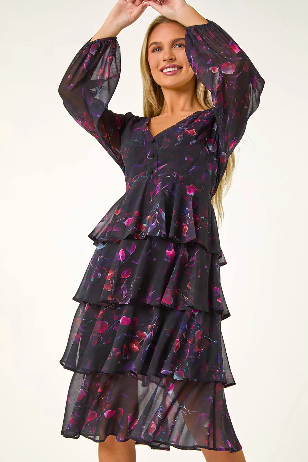 Black Petite Floral Print Tiered Midi Dress