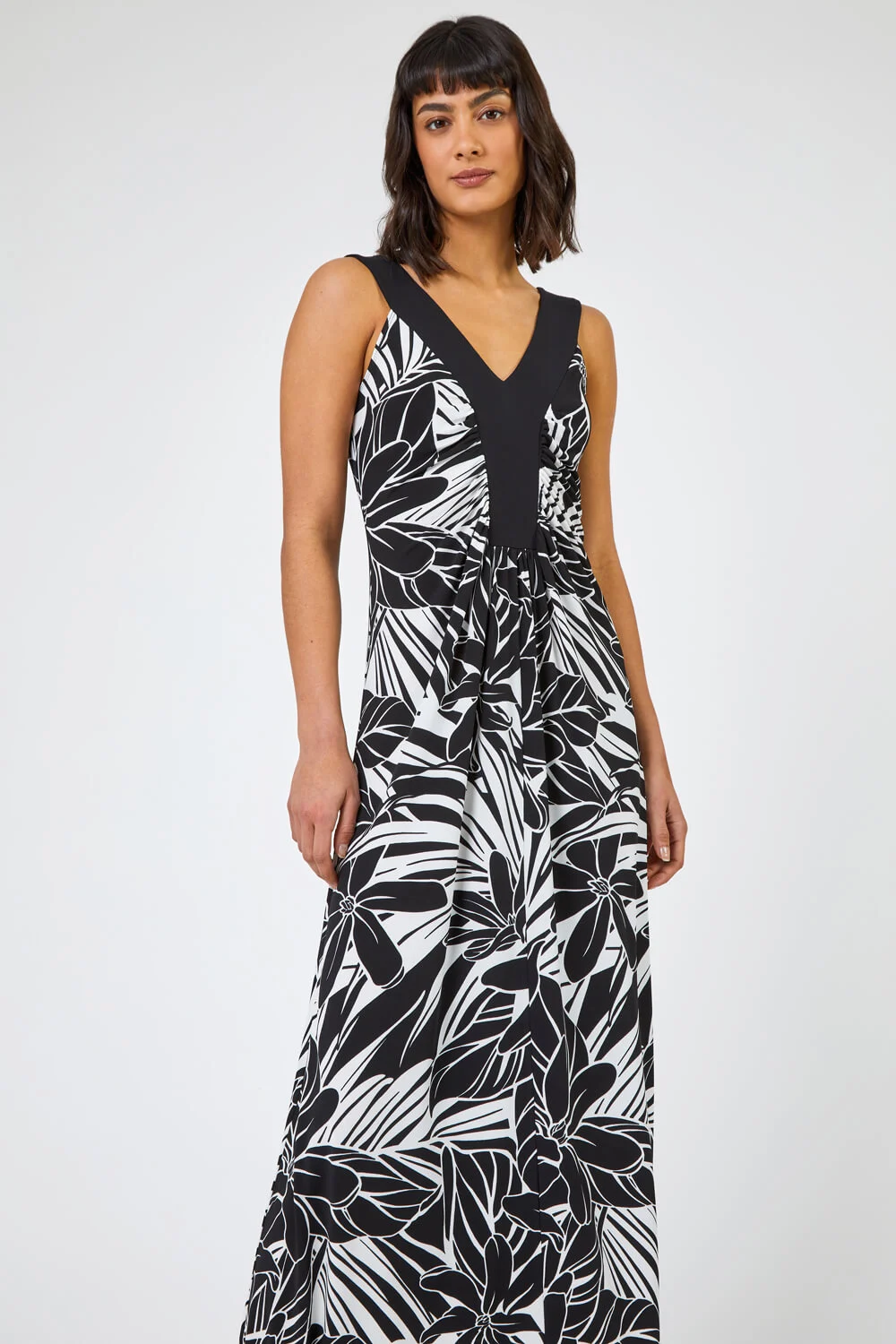 Black Floral Print Contrast Band Maxi Dress