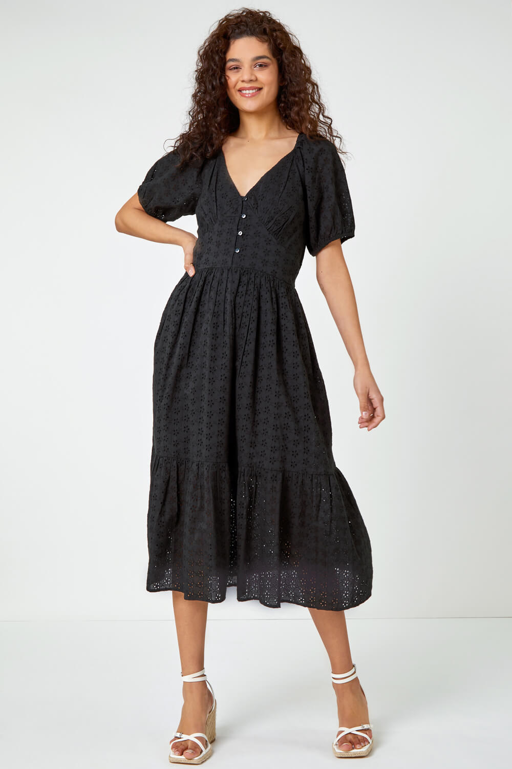 Black Broderie Puff Sleeve Cotton Midi Dress