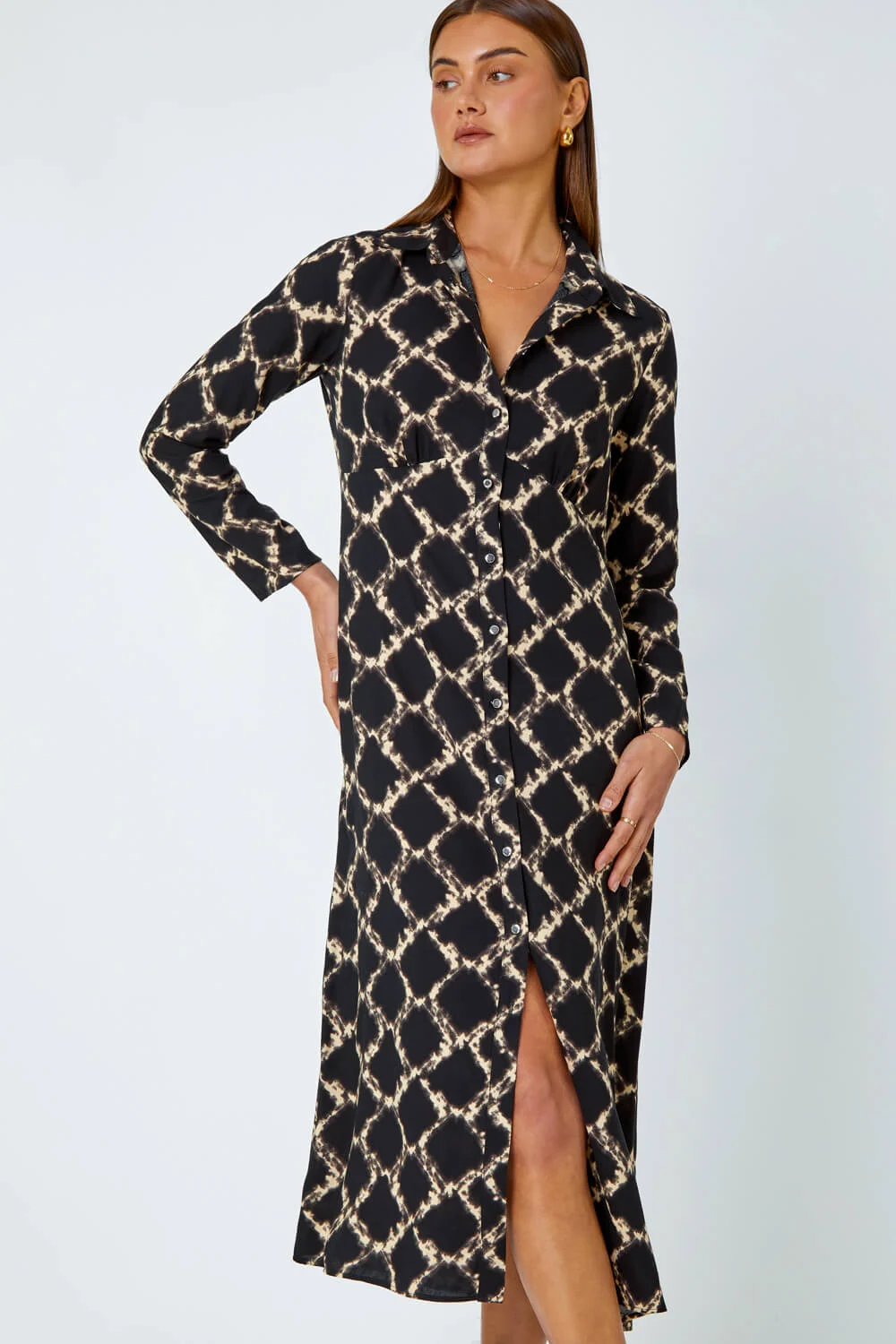 Black Chain Print Midi Shirt Dress