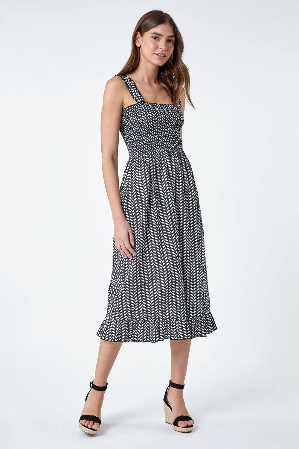 Black Leaf Print Shirred Cotton Midi Dress