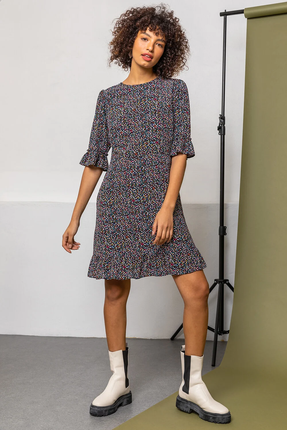 Black Ditsy Floral Frill Detail Dress