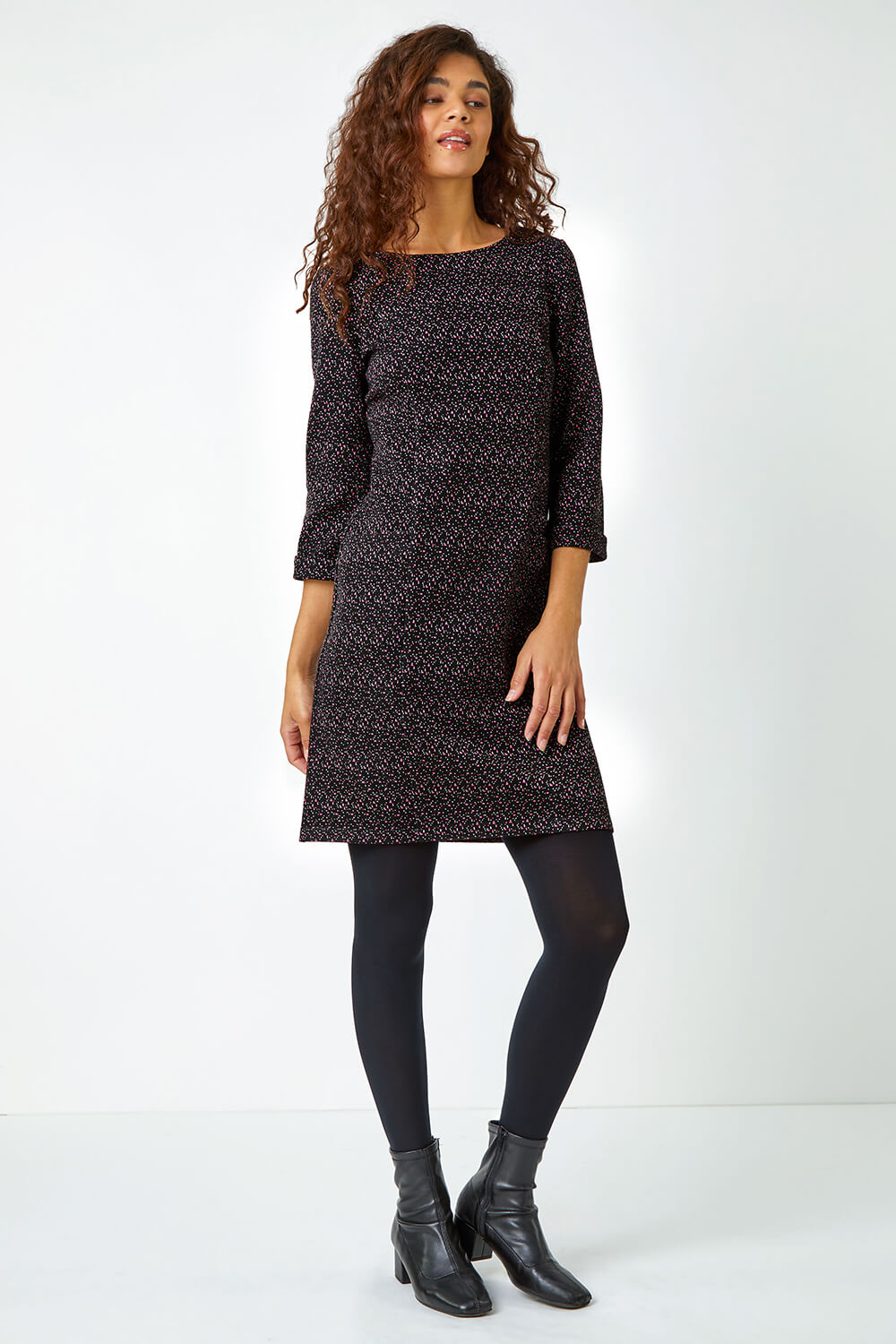 Black Metallic Print Pocket Shift Dress