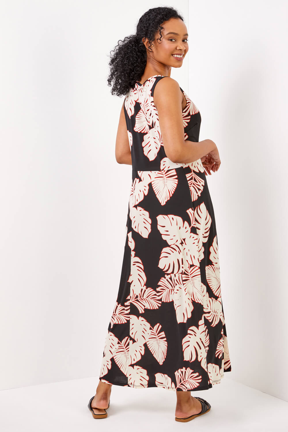 Black Petite Tropical Print Keyhole Detail Midi Dress