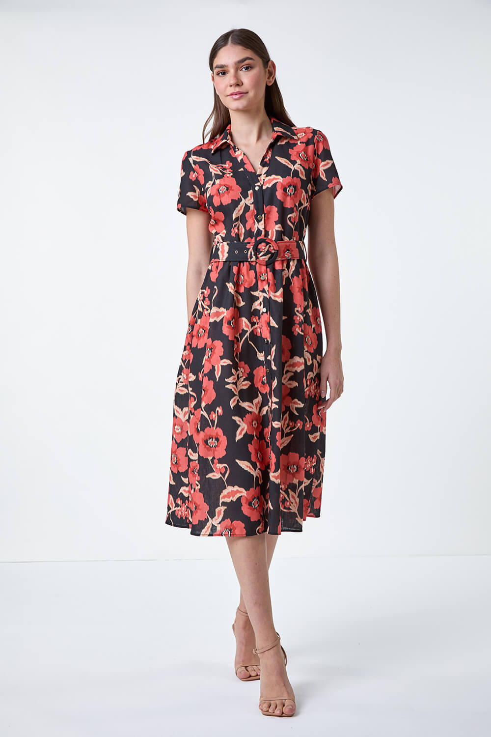 Black Floral Linen Look Belted Shirt Dress