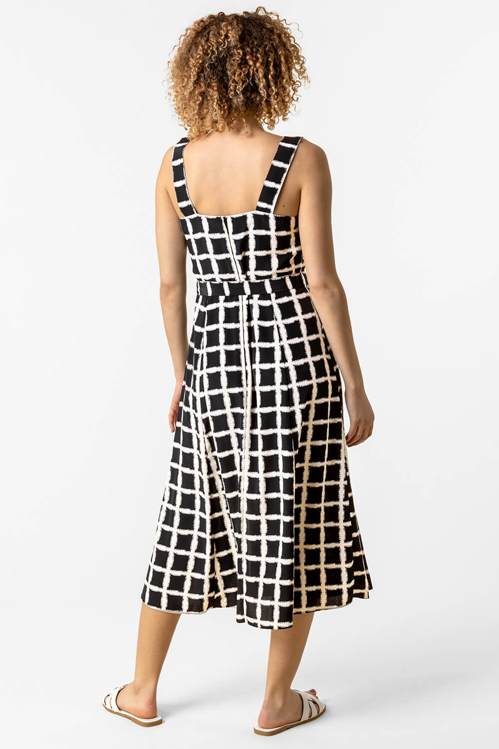 Black Belted Check Print Midi Dress