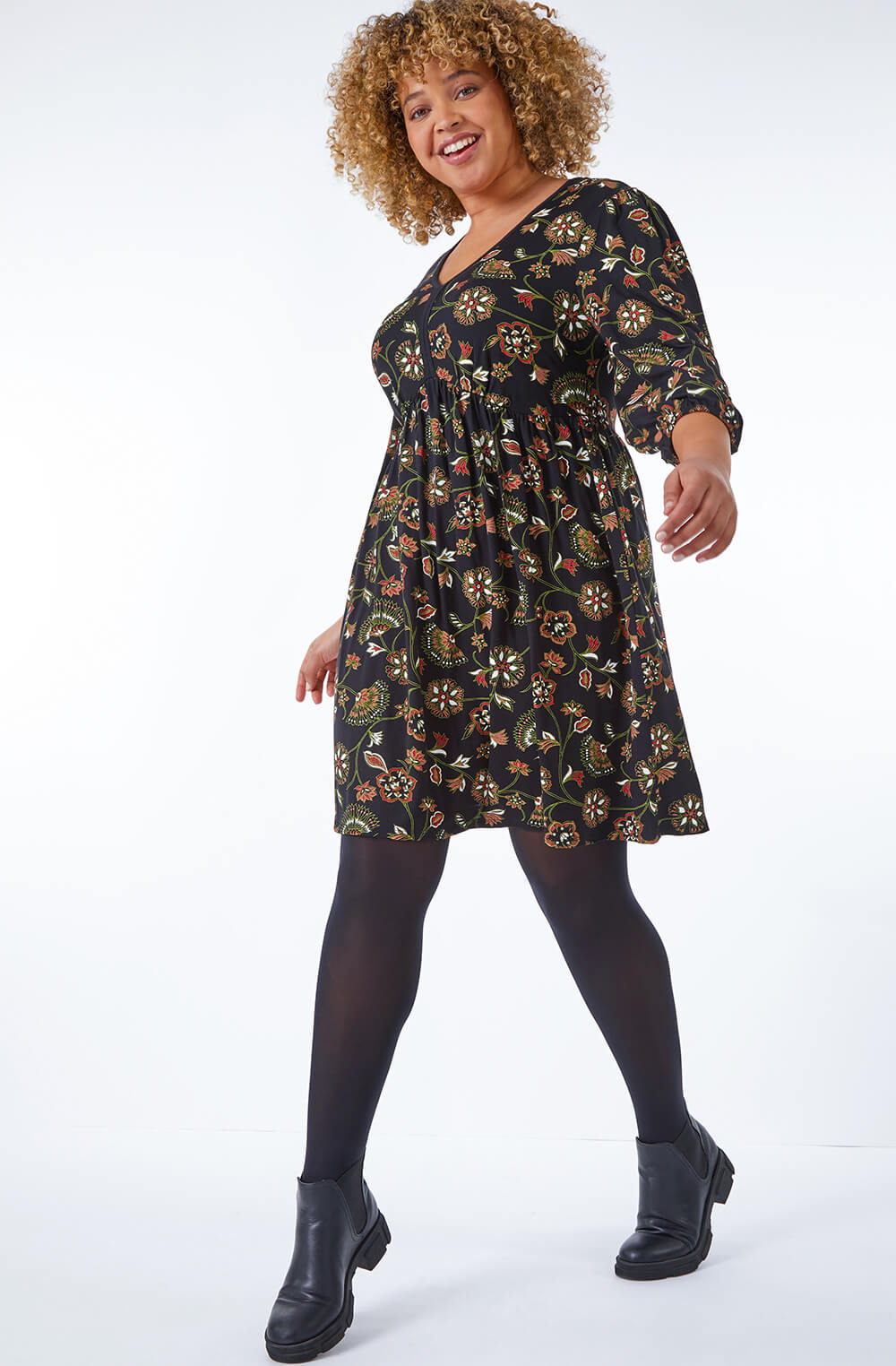 Black Curve Floral Stretch Dress
