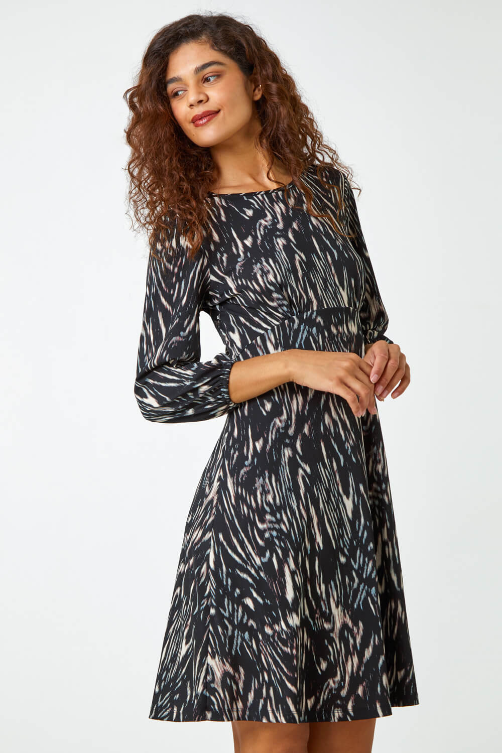 Black Abstract Print Stretch Swing Dress